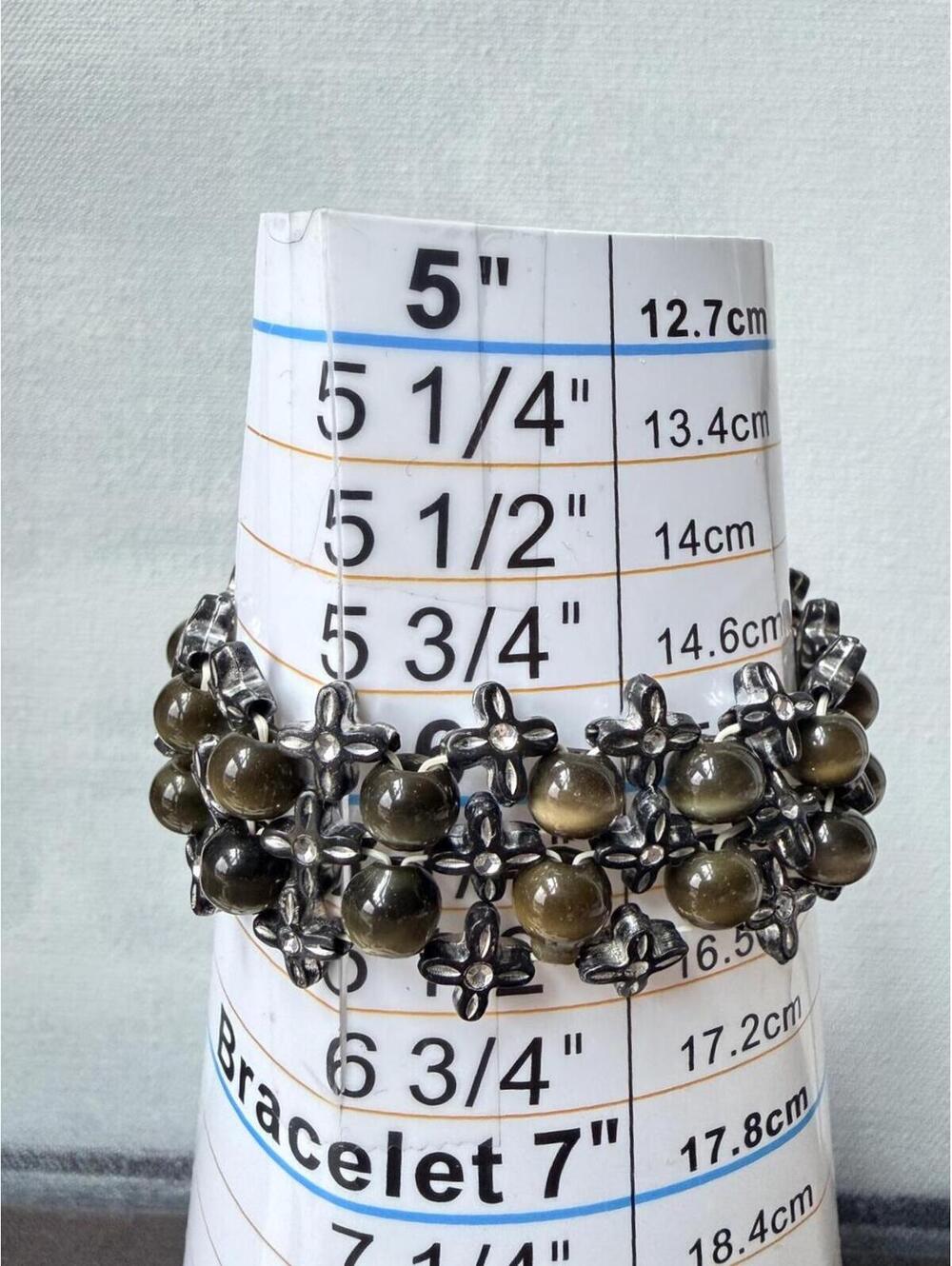 Wide Cat's Eye Bead Bracelet Silver Tone Statement - Picture 3 of 4